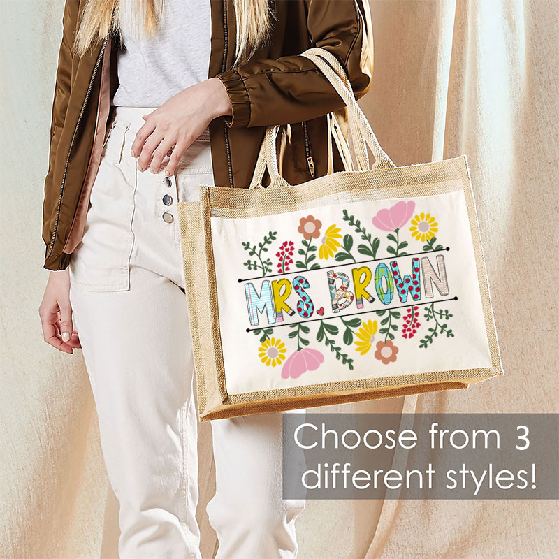 Personalized A Cluster Of Blooming Flowers Teacher Jute Lunch Bag