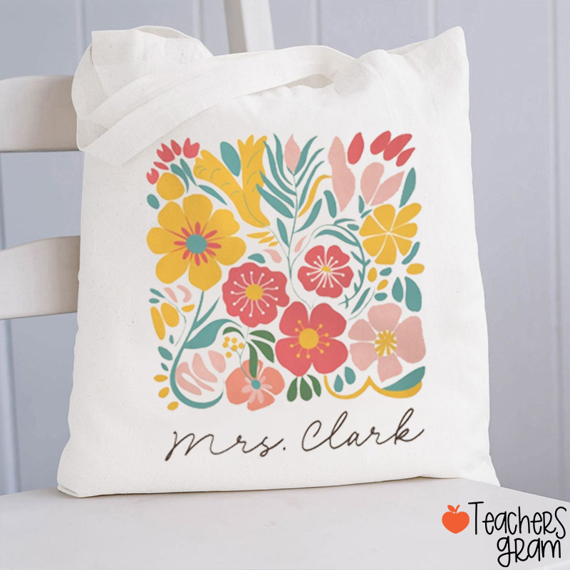 Personalized Name Flower Floral Teacher Tote Bag