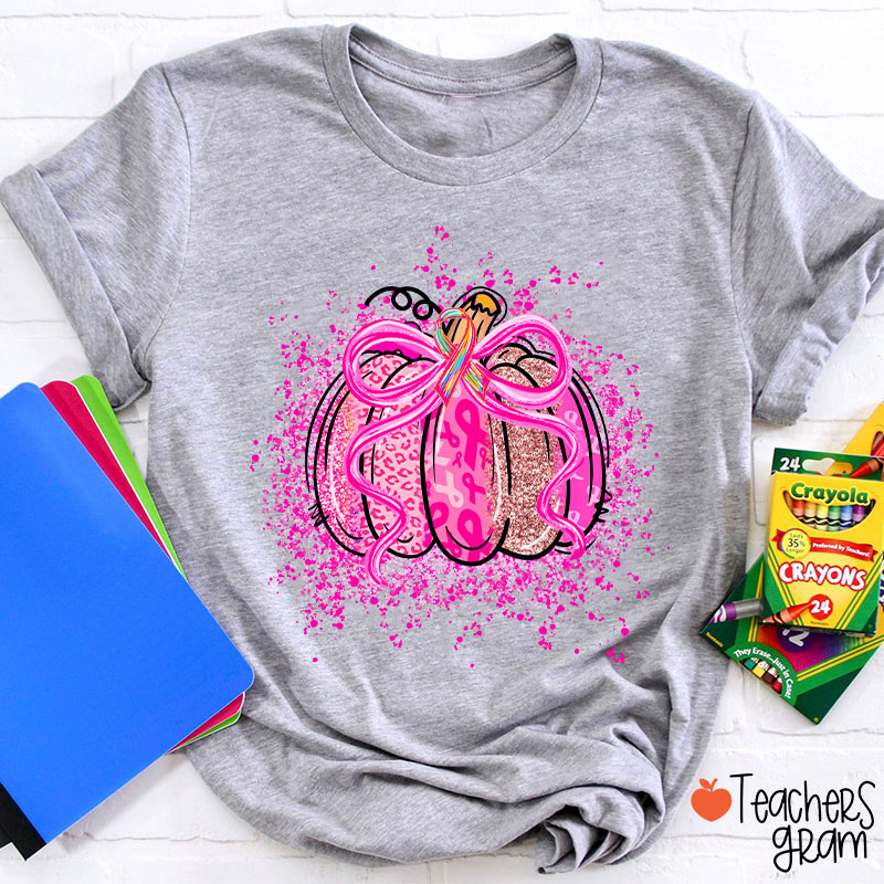 Pumpkin Theme Pink Ribbon Teacher T-Shirt