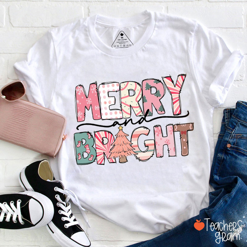 Merry And Bright Pink Christmas Tree Teacher T-Shirt