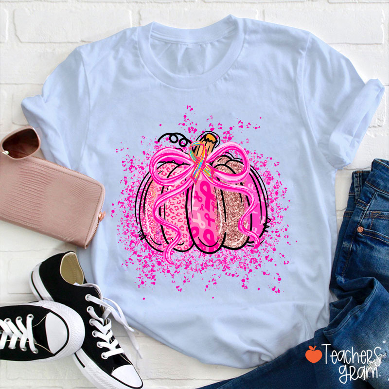 Pumpkin Theme Pink Ribbon Teacher T-Shirt