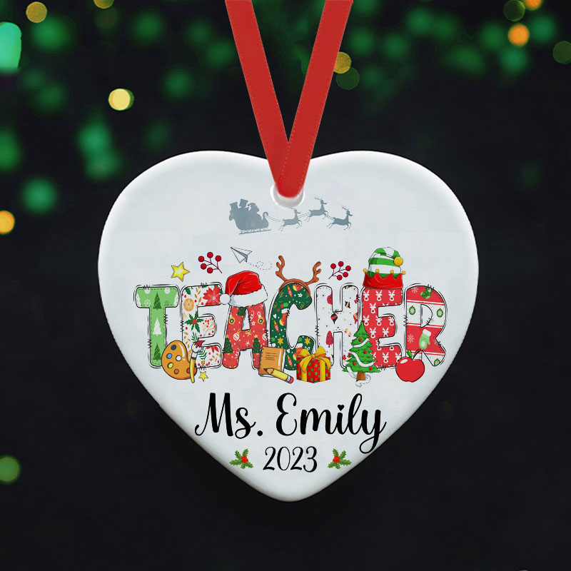 Personalized Santa Claus Is Coming Teacher Ceramic Christmas Ornament