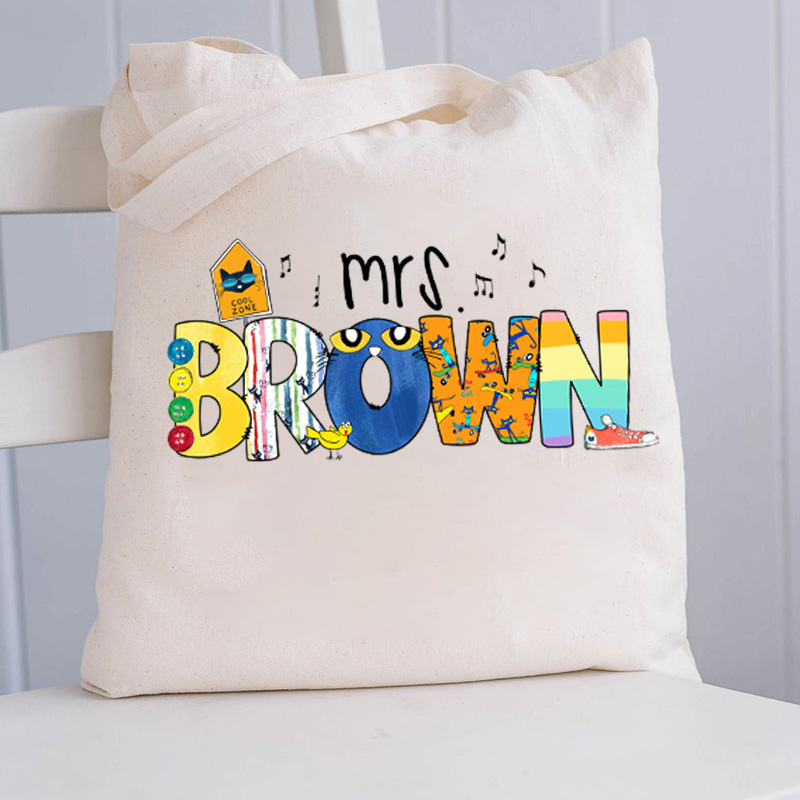 Personalized Name Smile Cat Teacher Tote Bag