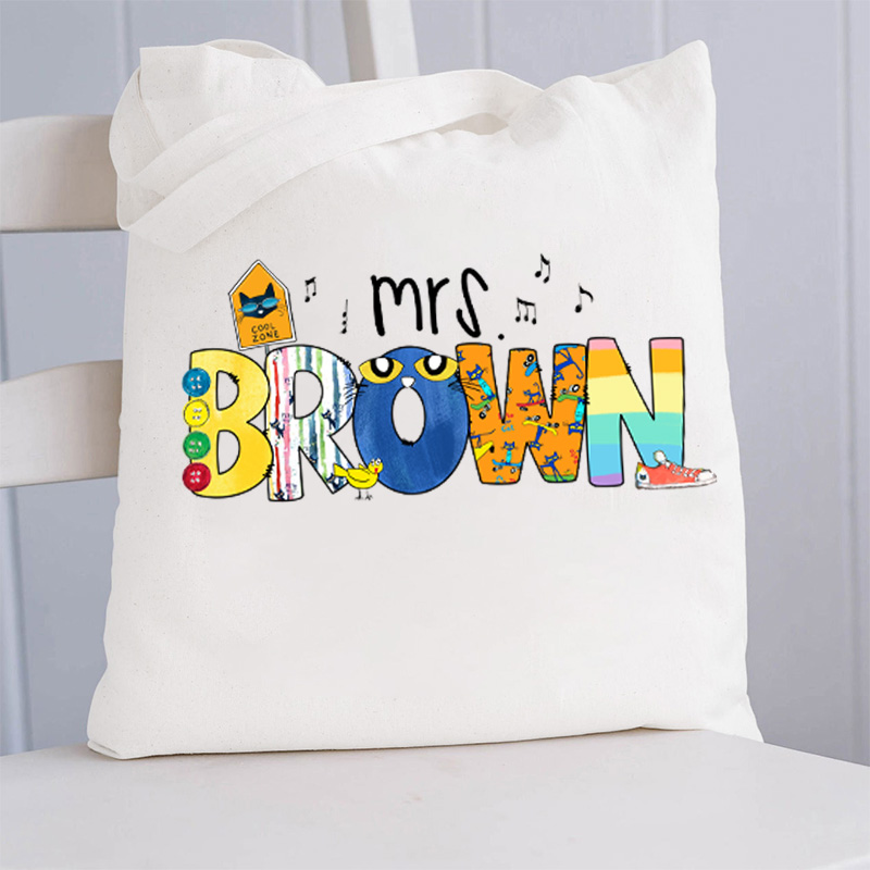 Personalized Name Smile Cat Teacher Tote Bag