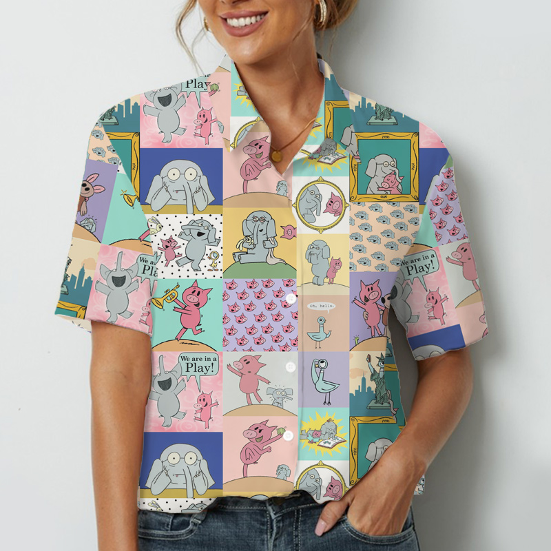 Color Cartoon Elephant And Piggie Teacher Short Sleeve Shirt