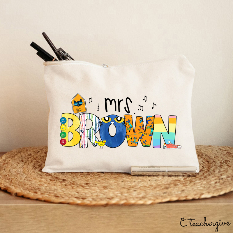 Personalized Name Smile Cat Teacher Makeup Bag