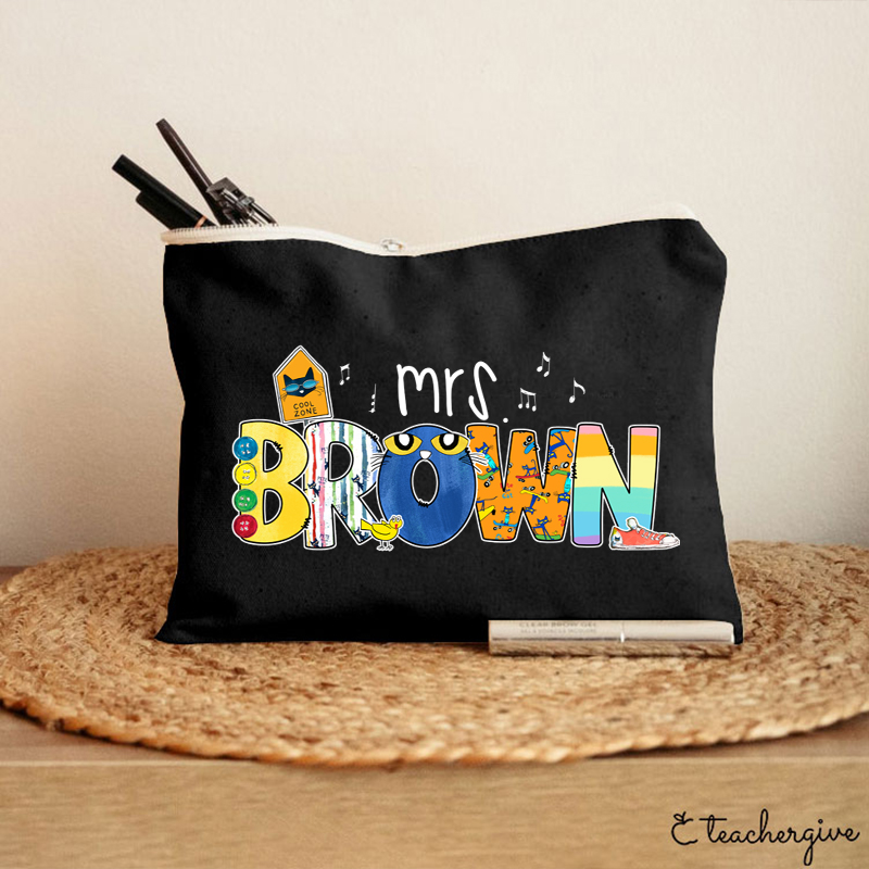 Personalized Name Smile Cat Teacher Makeup Bag