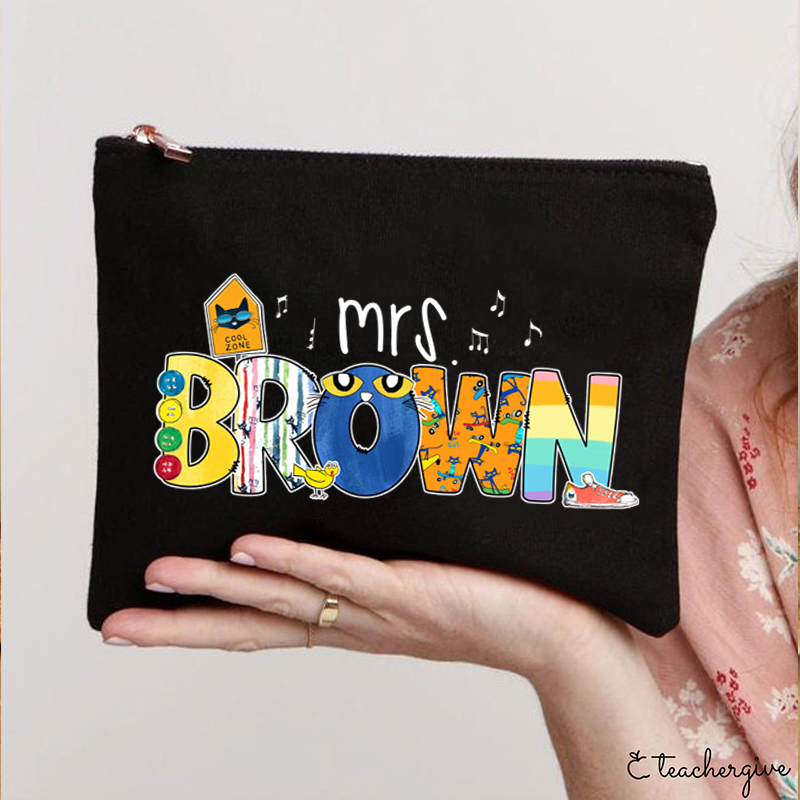 Personalized Name Smile Cat Teacher Makeup Bag