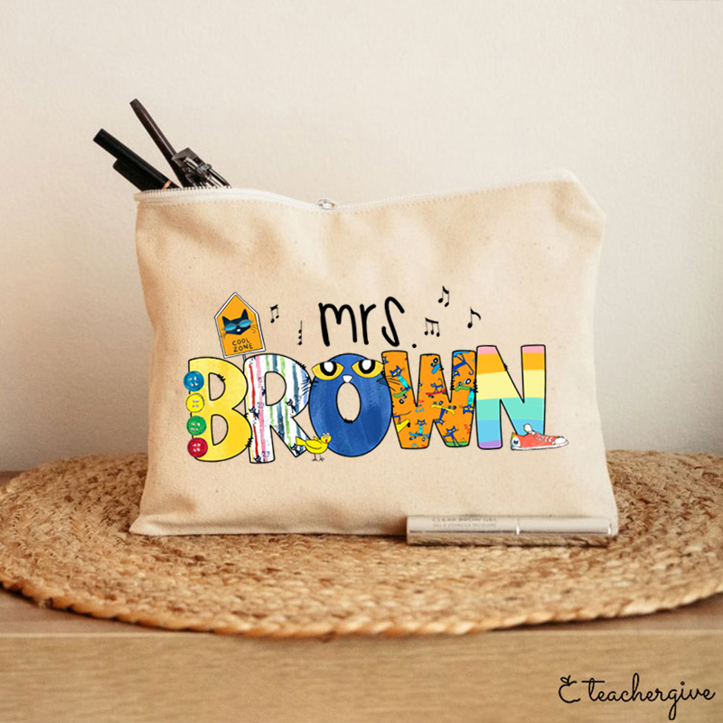 Personalized Name Smile Cat Teacher Makeup Bag