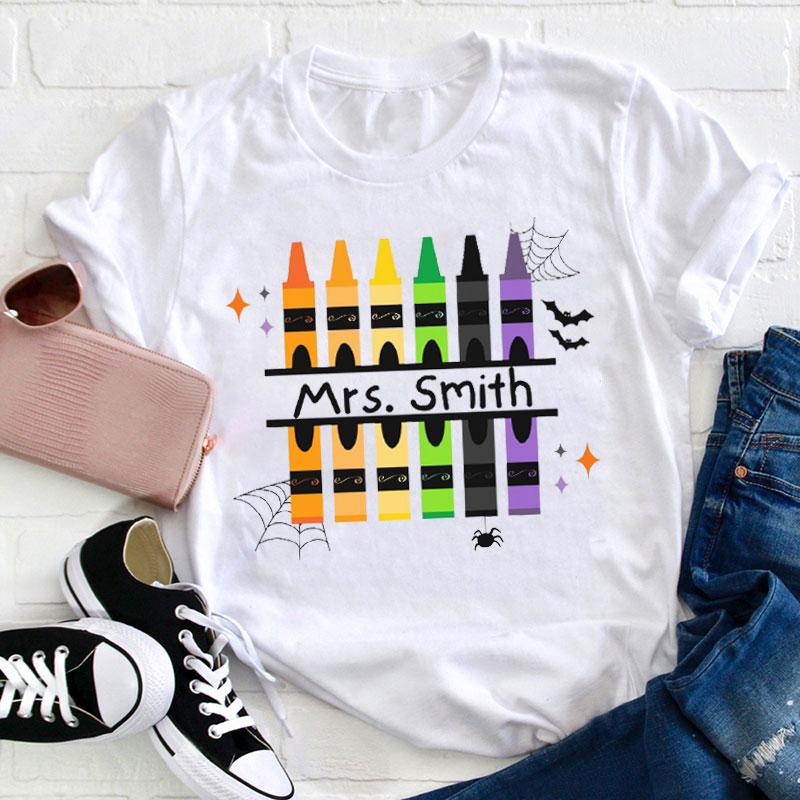 Personalized Crayons Halloween Teacher T-Shirt