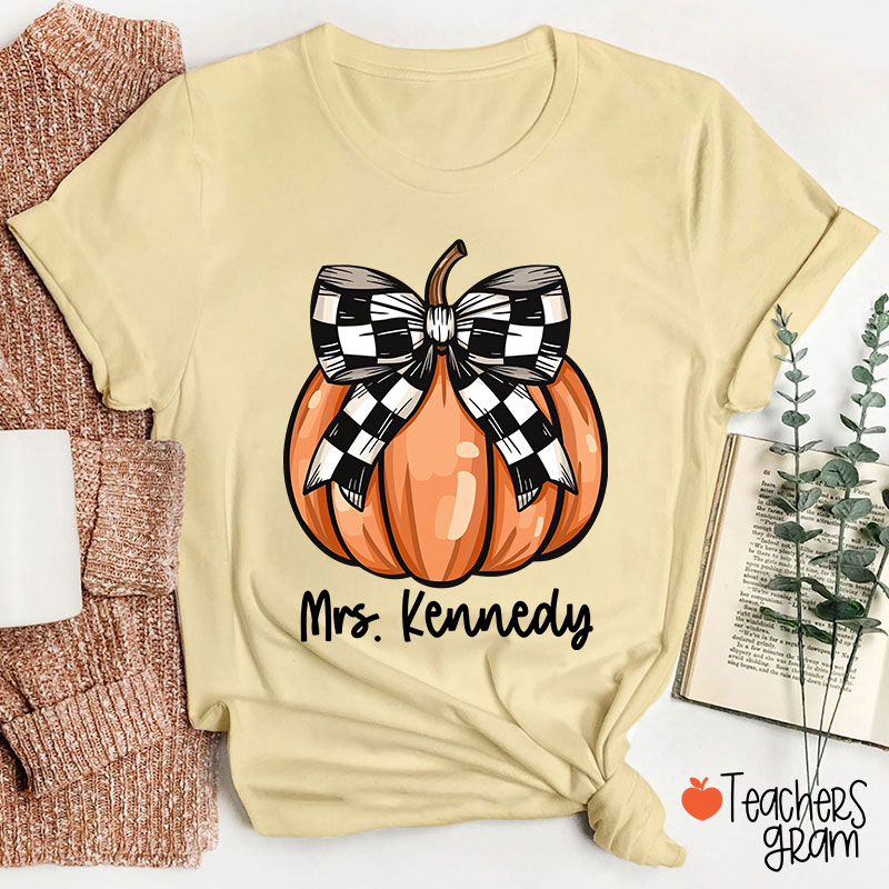 Personalized Name Pumpkin Bow Teacher T-Shirt