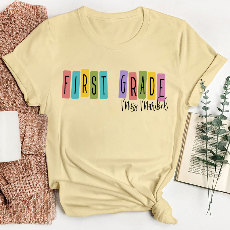 Personalized Macaron Color Grade And Name Teacher T-Shirt