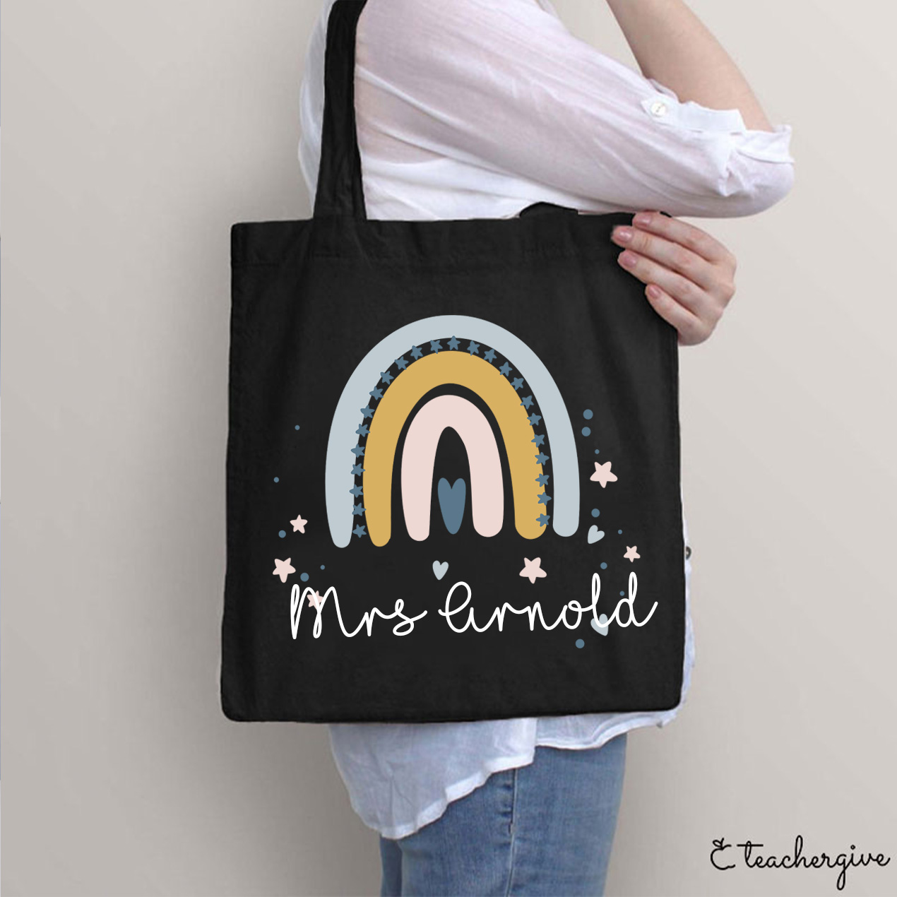 Personalized Rainbow Star Teacher Tote Bag