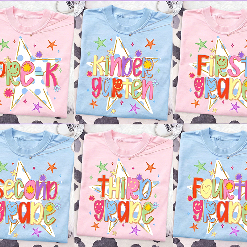 Personalized Grade Colorful Star Doodle Teacher  T Shirt