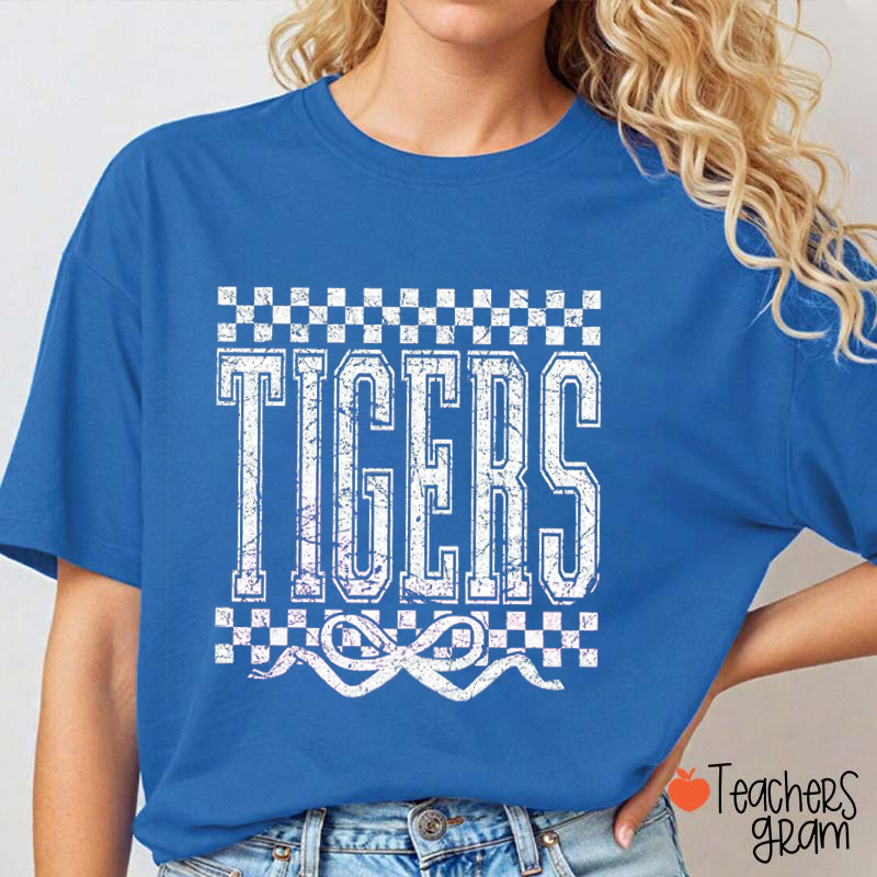 Personalized Mascot Checkered Bow Game Day Teacher T-Shirt