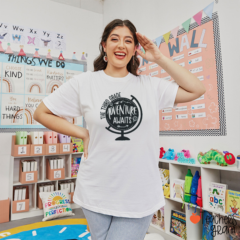 Personalized Grade Adventure Awaits Teacher T-Shirt