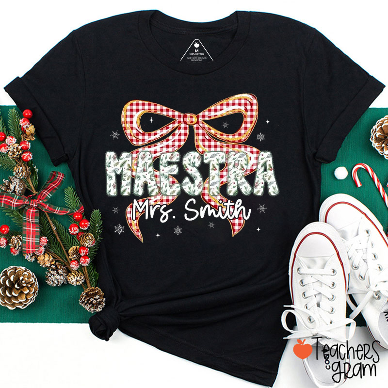 Personalized Name And Job Title Coquette Bow Checkered Plaid Letters Teacher T-Shirt