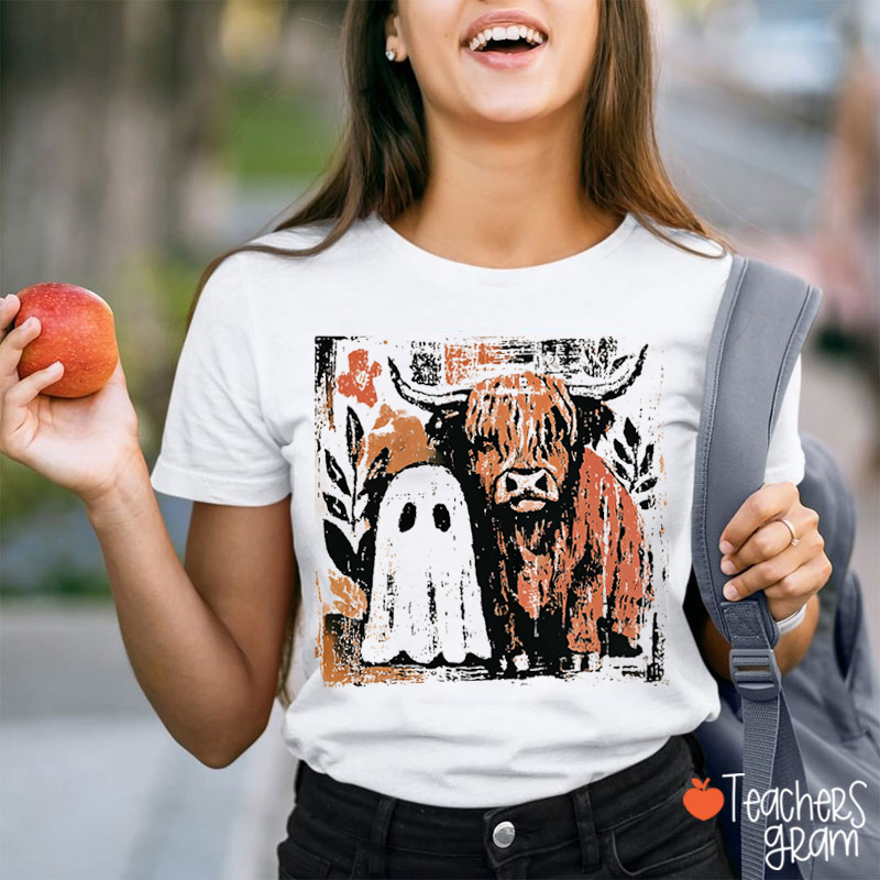 Halloween Ghost  And Little Cow Teacher T-Shirt