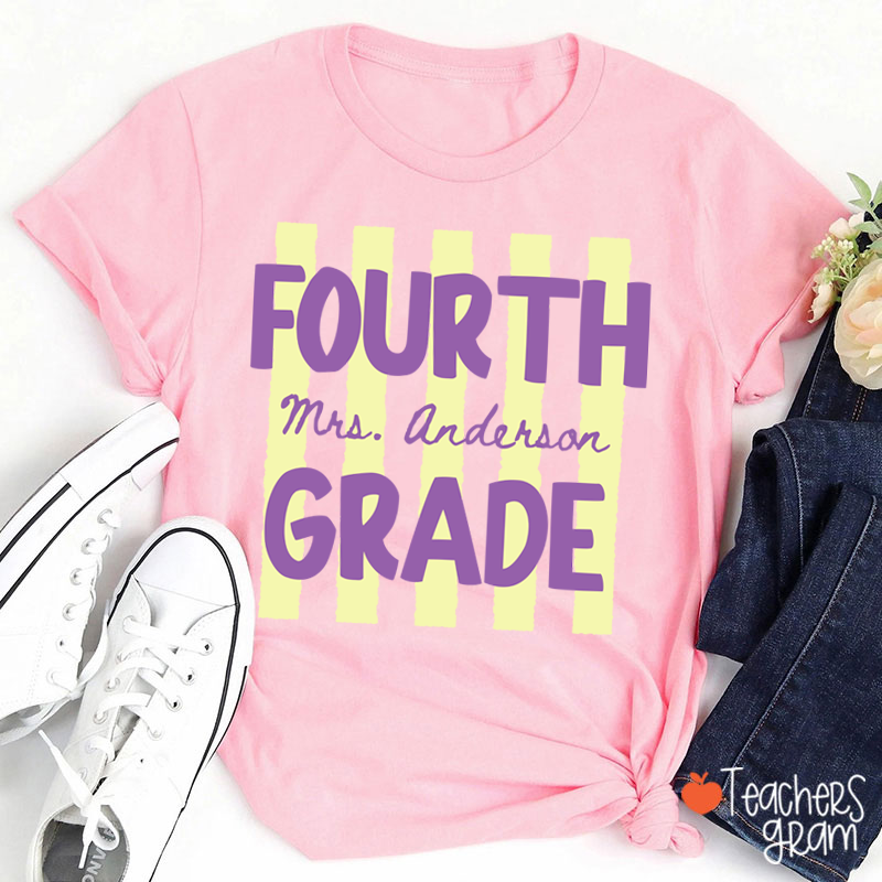 Personalized Name And Grade Preppy Stripes Teacher T-Shirt