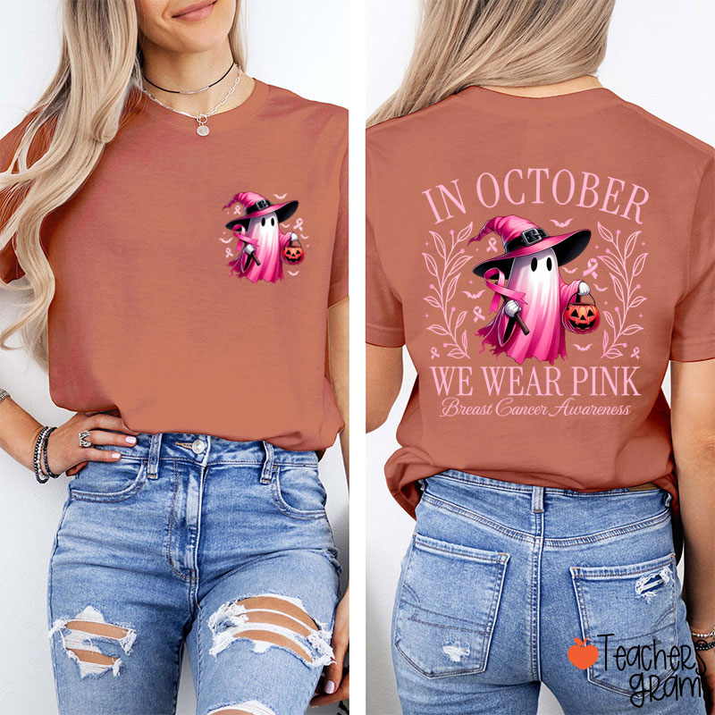 Halloween Beautifully Ghost Picture Breast Cancer Awareness Two Sided T-Shirt