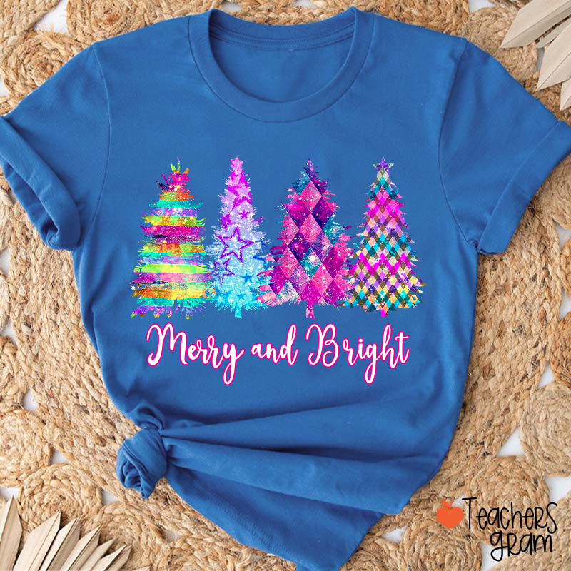 Merry And Bright Colorful Christmas Tree Teacher T-Shirt