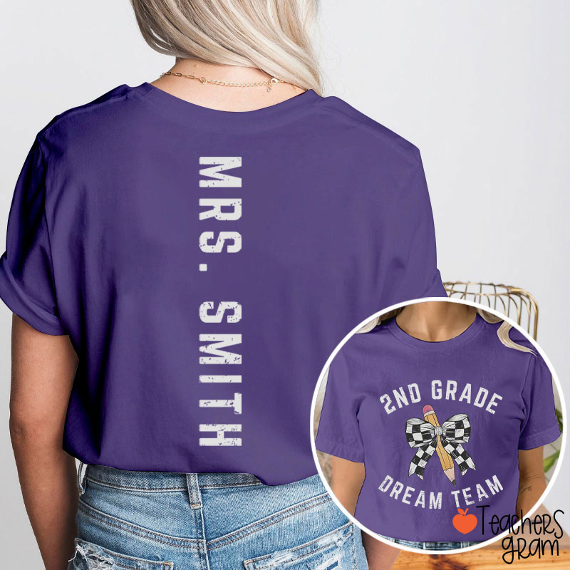 Personalized Grade And Name Checkered Pencil Bow Teacher Two Sided T-Shirt