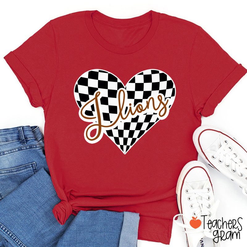 Personalized Mascot Checkerboard Love Heart Teacher T-Shirt