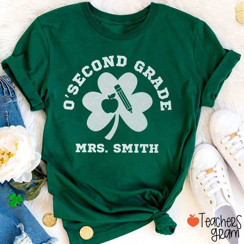 Personalized Name Shamrock Apple Penicl Teacher T-Shirt
