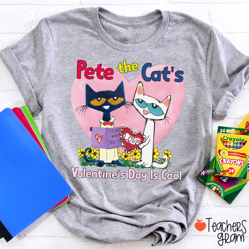 Blue And White Cat Valentine's Day Is Cool Teacher T-Shirt