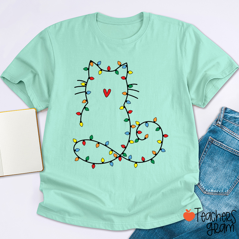Cute Cat Christmas Lights Teacher T-Shirt