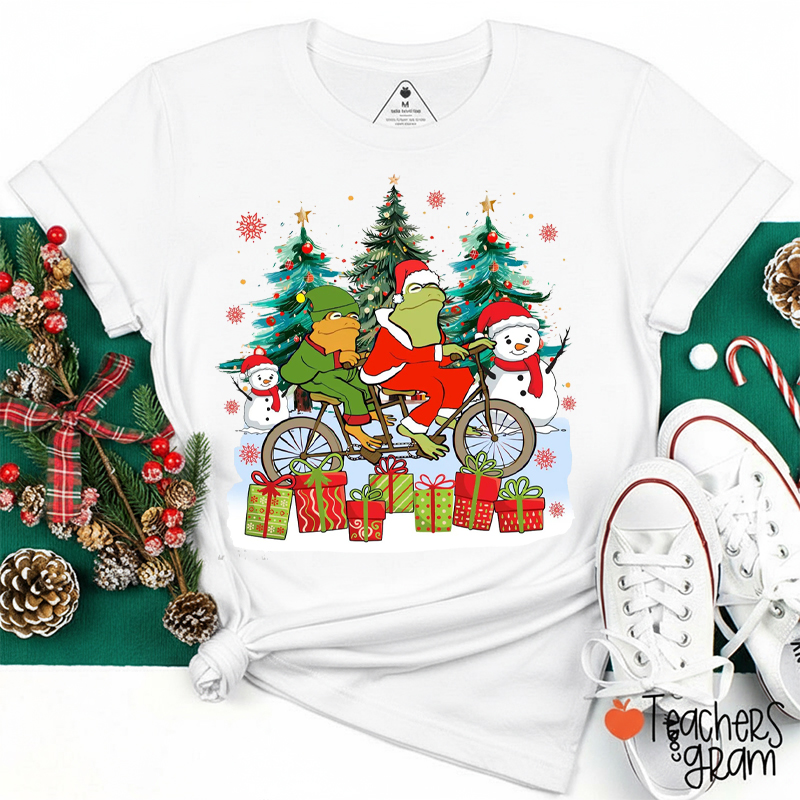 Christmas Frog On A Bike Teacher T-Shirt