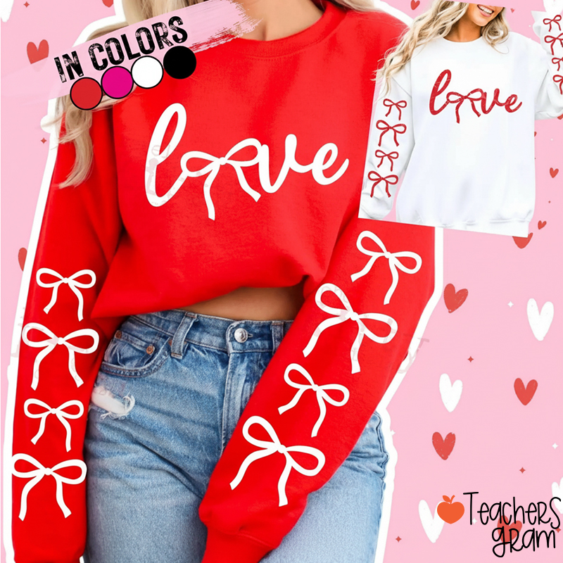 Coquette Love Bow Valentine Teacher Sleeve Print Sweatshirt