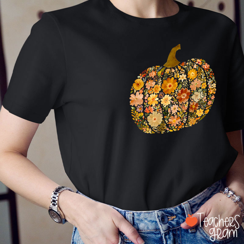 Pumpkin Orange Flowers Grass Teacher T-Shirt