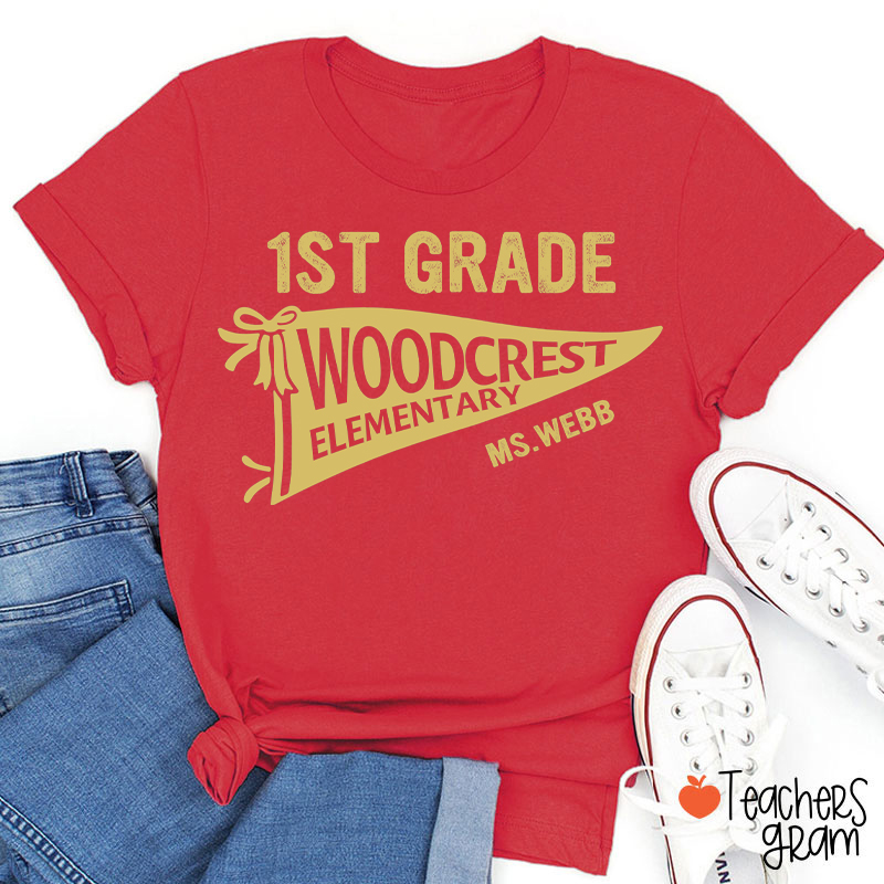 Personalized Grade And School Name Pennant Teacher T-Shirt