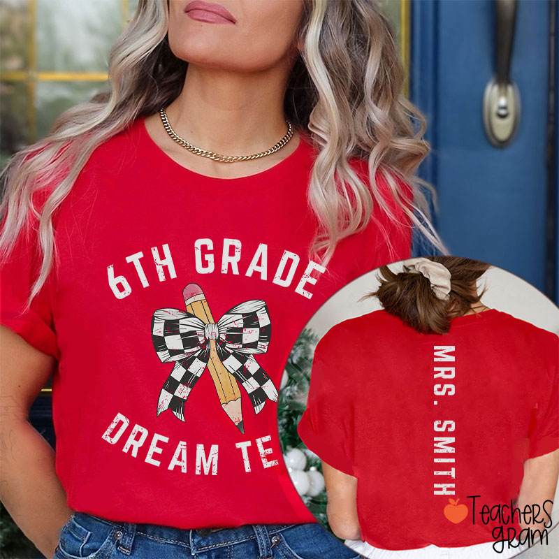 Personalized Grade And Name Checkered Pencil Bow Teacher Two Sided T-Shirt
