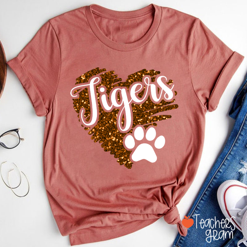 Personalized Mascot Glitter Heart Teacher T-Shirt