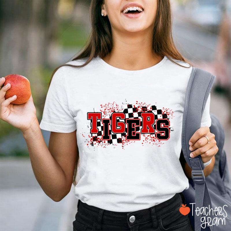 Personalized Mascot School Spirit Checkered Print Teacher T-Shirt