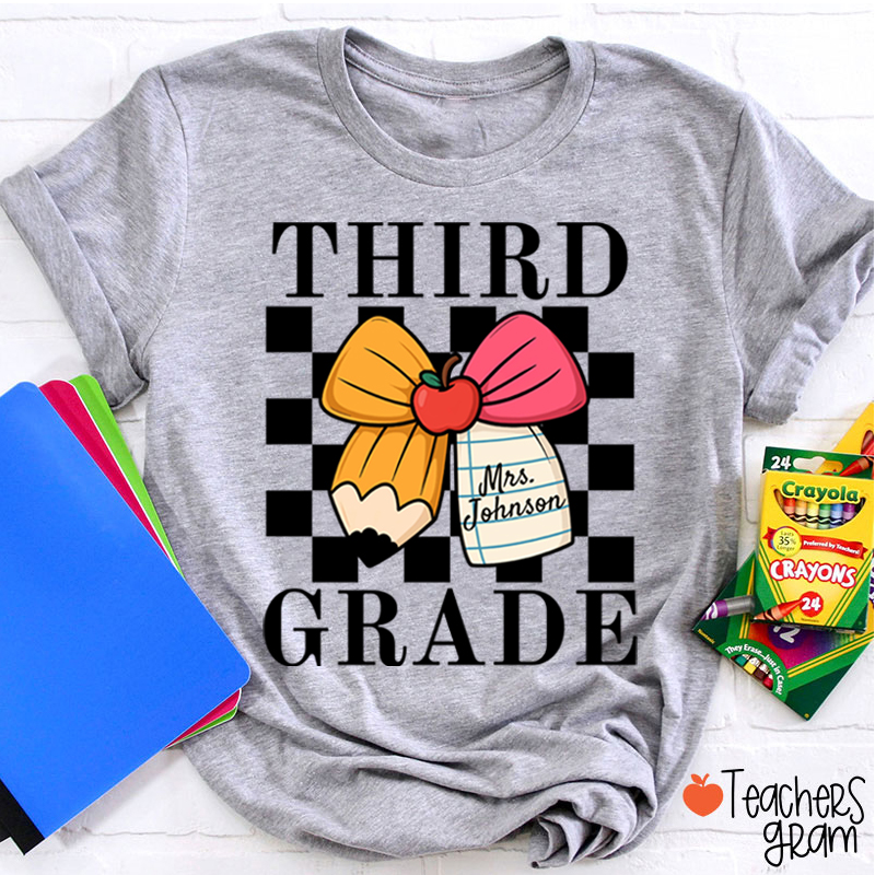 Personalized Grade And Name Pencil Bow Checkered Teacher T-Shirt