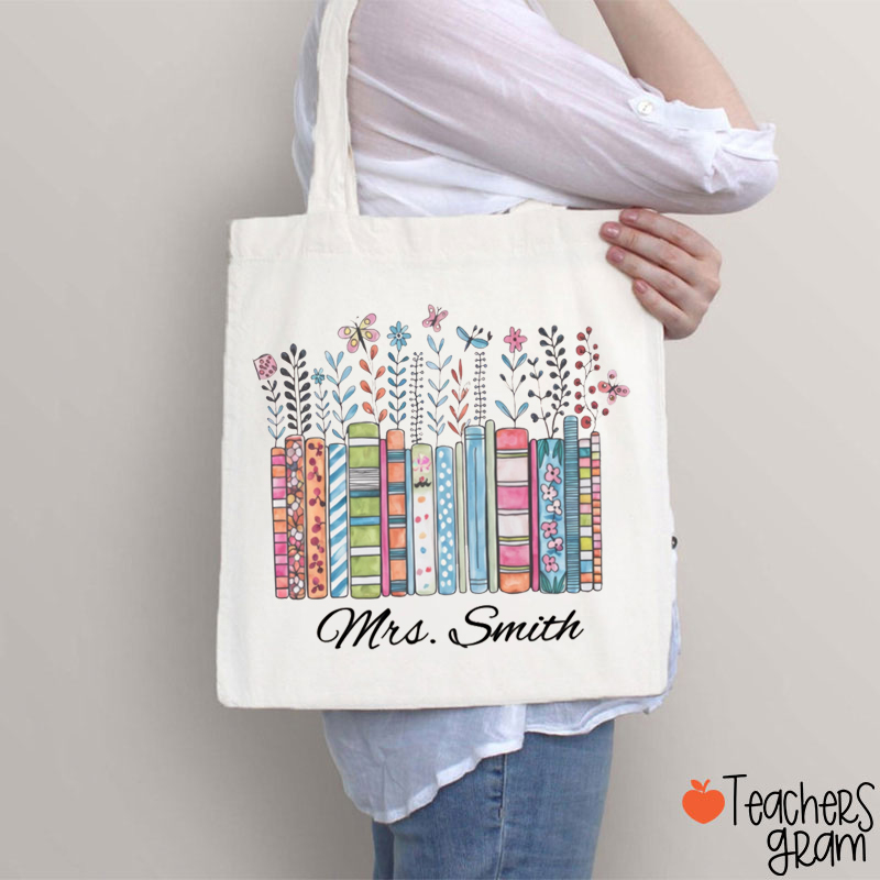 Personalized Floral Books Teacher Tote Bag