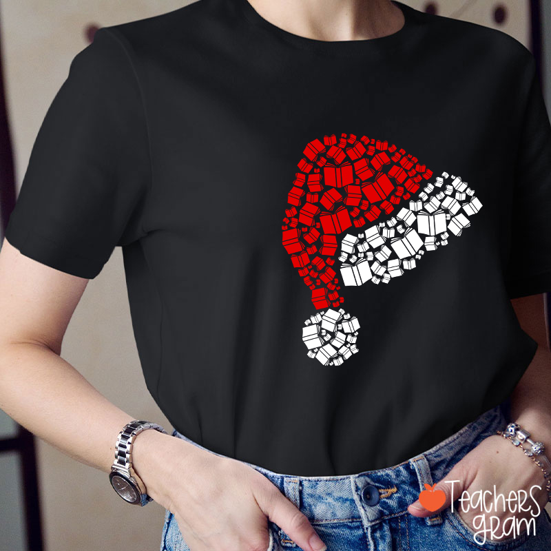 Book Christmas Hat Christmas Teacher T-Shirt