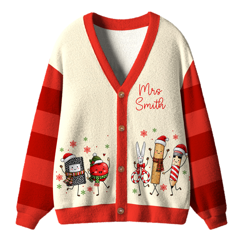 Personalized Name Christmas Vibes Pencil Apple Notebook Teacher Ugly Cardigan Sweaters