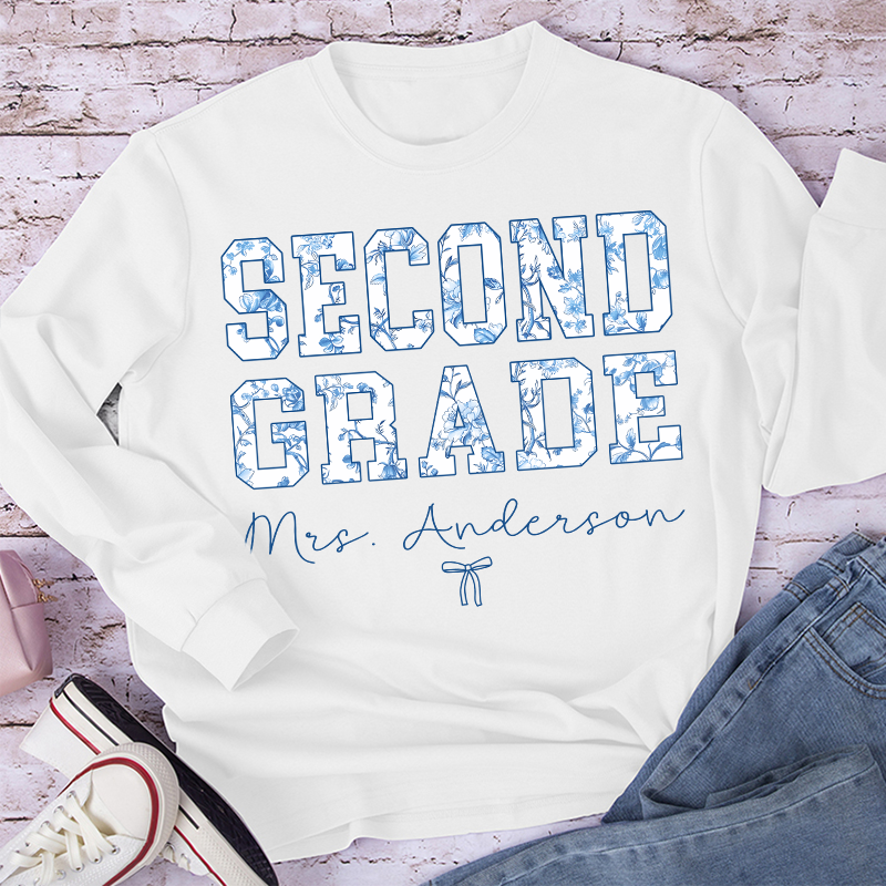 Personalized Name And Grade Trendy Teacher Long Sleeve T-Shirt