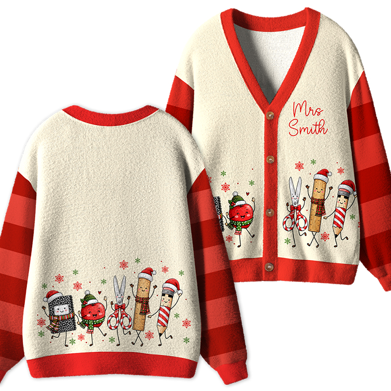 Personalized Name Christmas Vibes Pencil Apple Notebook Teacher Ugly Cardigan Sweaters