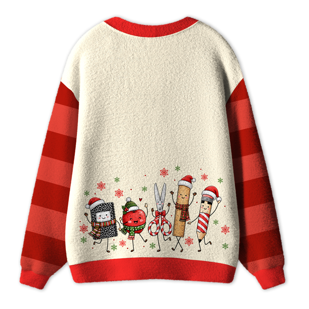 Personalized Name Christmas Vibes Pencil Apple Notebook Teacher Ugly Cardigan Sweaters