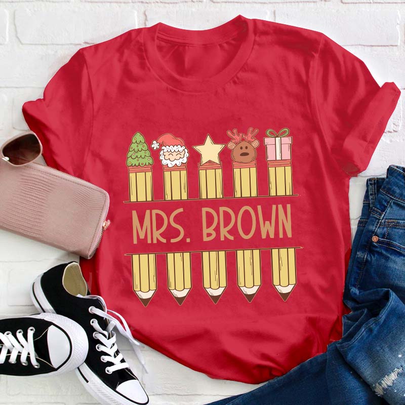 Personalized Name Christmas Pencils Teacher T-Shirt