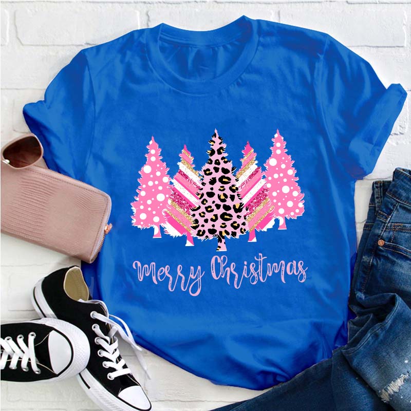 Merry Christmas Pink Christmas Trees Teacher T-Shirt