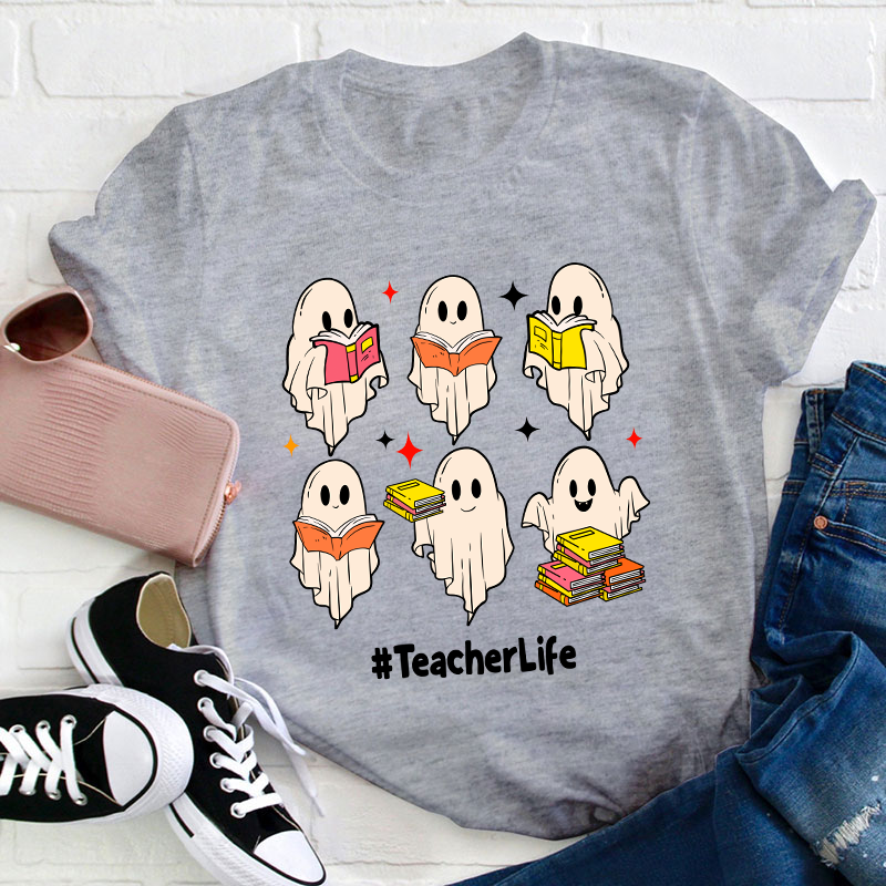 Cute Ghosts Read Books Teacher T-Shirt