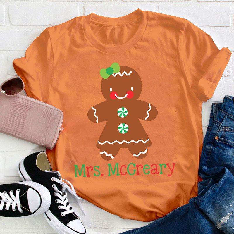 Personalized Name Cute Christmas Gingerbread Teacher T-Shirt
