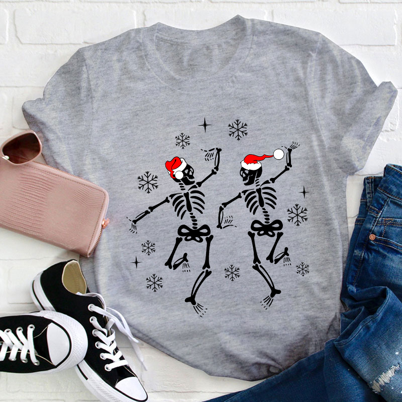 Dancing Skeleton With Santa Hat Teacher T-Shirt
