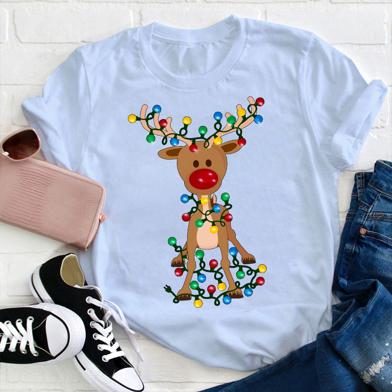Elk Wrapped In Christmas Lights Teacher T-Shirt